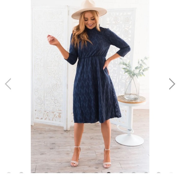 ORANGE CREEK | Navy Lace Knee Length Modest Dress - Picture 1 of 12